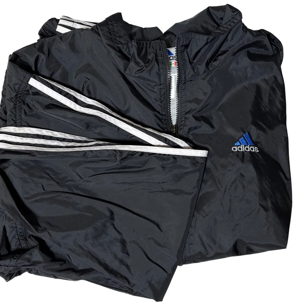 Vintage 90s Y2K Adidas Track Jacket Black White 3 Stripes Zip Front Mens Size XL